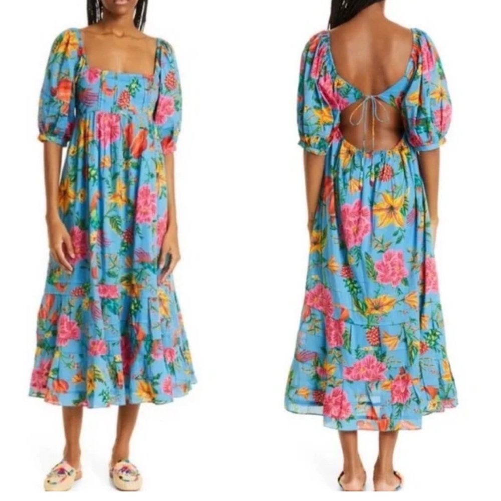 Farm Rio Toucans Garden Floral Print Midi Dress